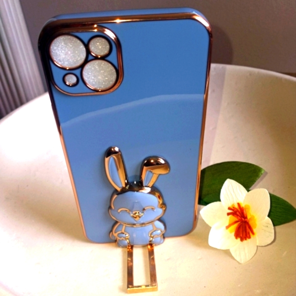 💙 Shockproof/Lense Protected Gold Trim🐰Soft Shell IPhone Case w/Bunny Stand